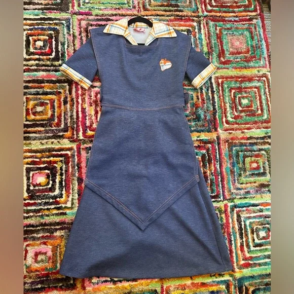 VINTAGE 3-pc 60s/70s denim/plaid print skirt/shirt/tunic set w/apple motif (S) - Picture 16 of 16